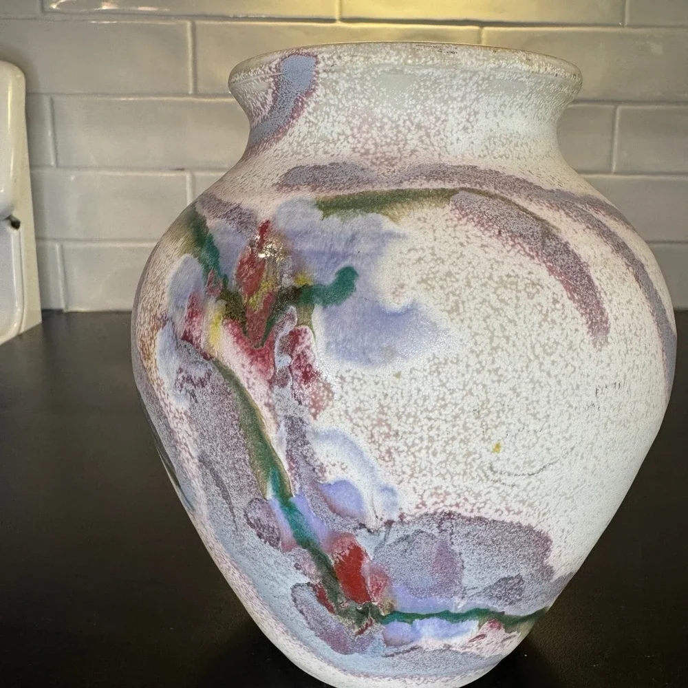 Cooper Studio Pottery Vase Home Decor 7in Cream Purple Green Hand Thrown Signed